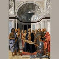 Piero della Francesca: Mária a gyermekkel, hat szenttel, négy angyallal és Federico da Montefeltro urbinói herceggel (1465-ös oltárkép)